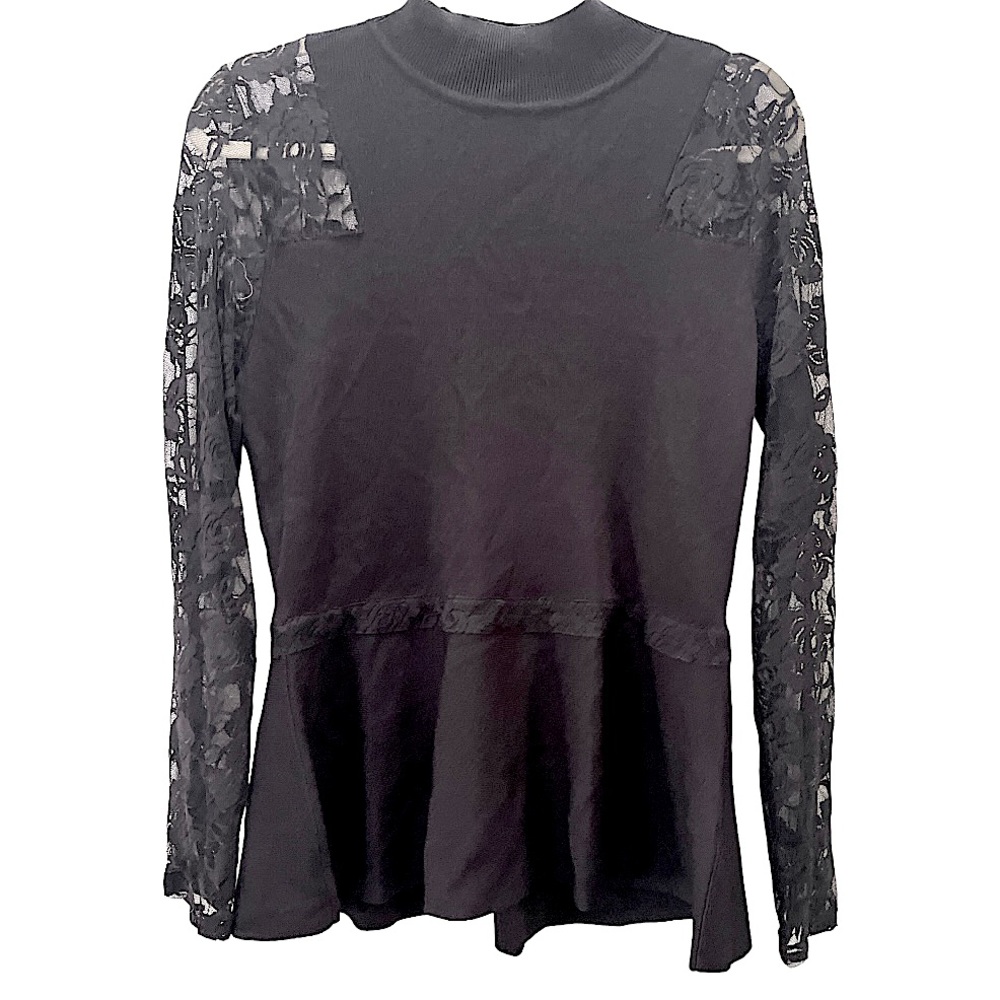 Inc International Concepts Black Peplum Lace Sleeve Mock Neck‎ Top